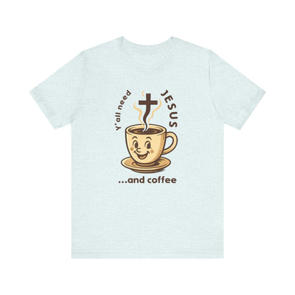Light blue t-shirt with a cartoon coffee cup and text design on a white background
