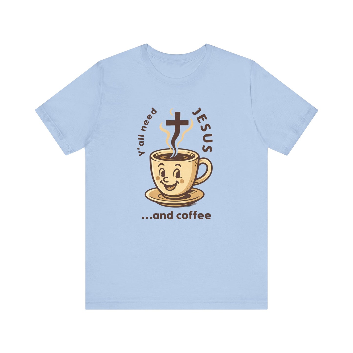 Light blue t-shirt with a coffee cup graphic and text on a white background