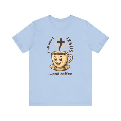 Light blue t-shirt with a coffee cup graphic and text on a white background