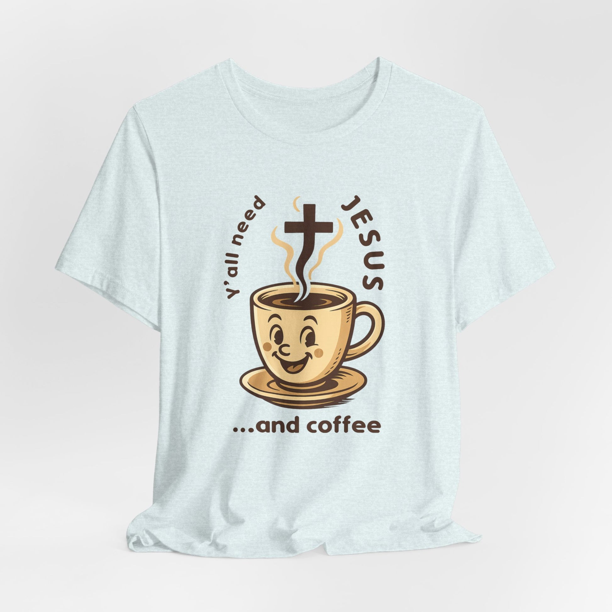 Light blue t-shirt with a coffee cup graphic and text on a light pink background