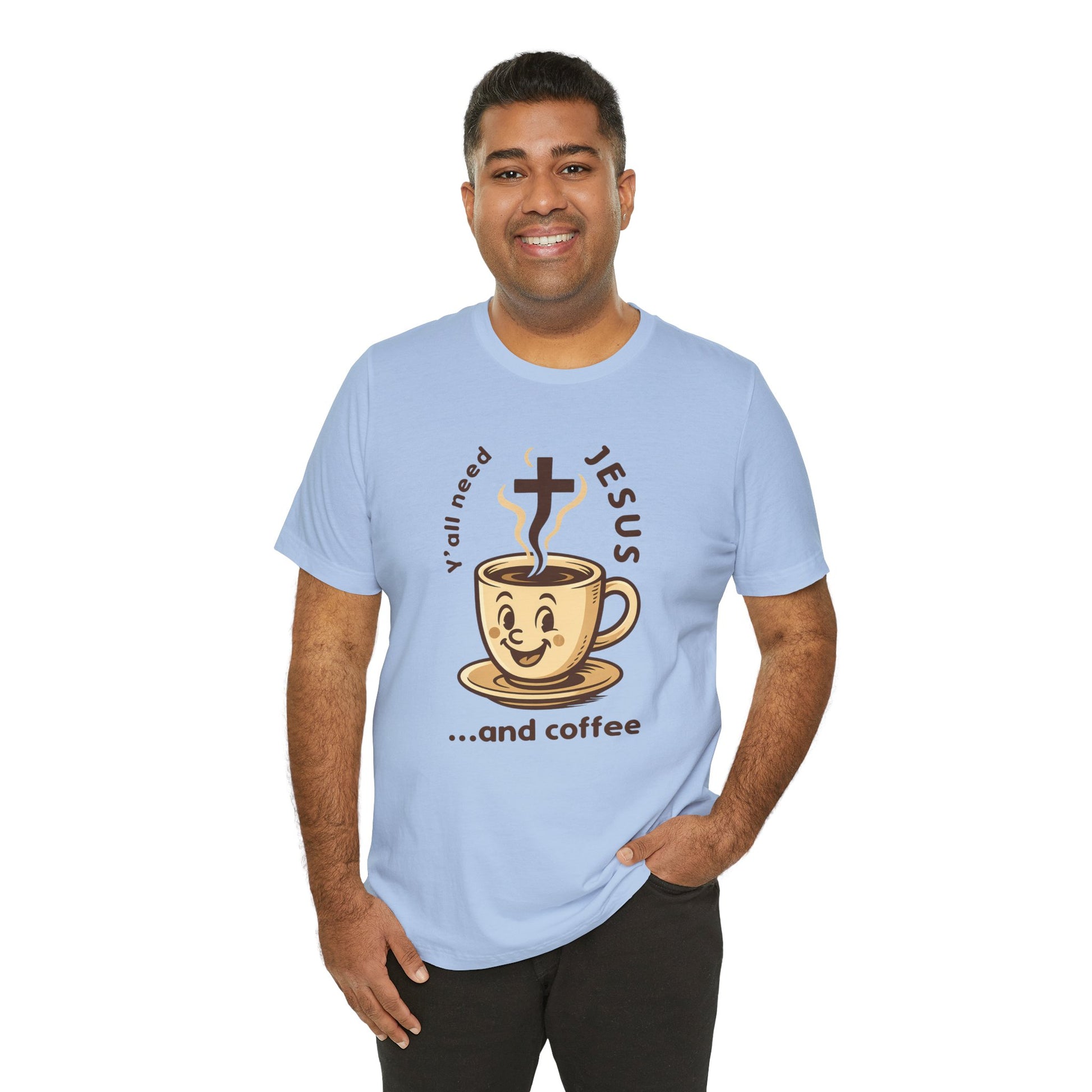 Man wearing a light blue t-shirt with a coffee cup graphic and text on a white background