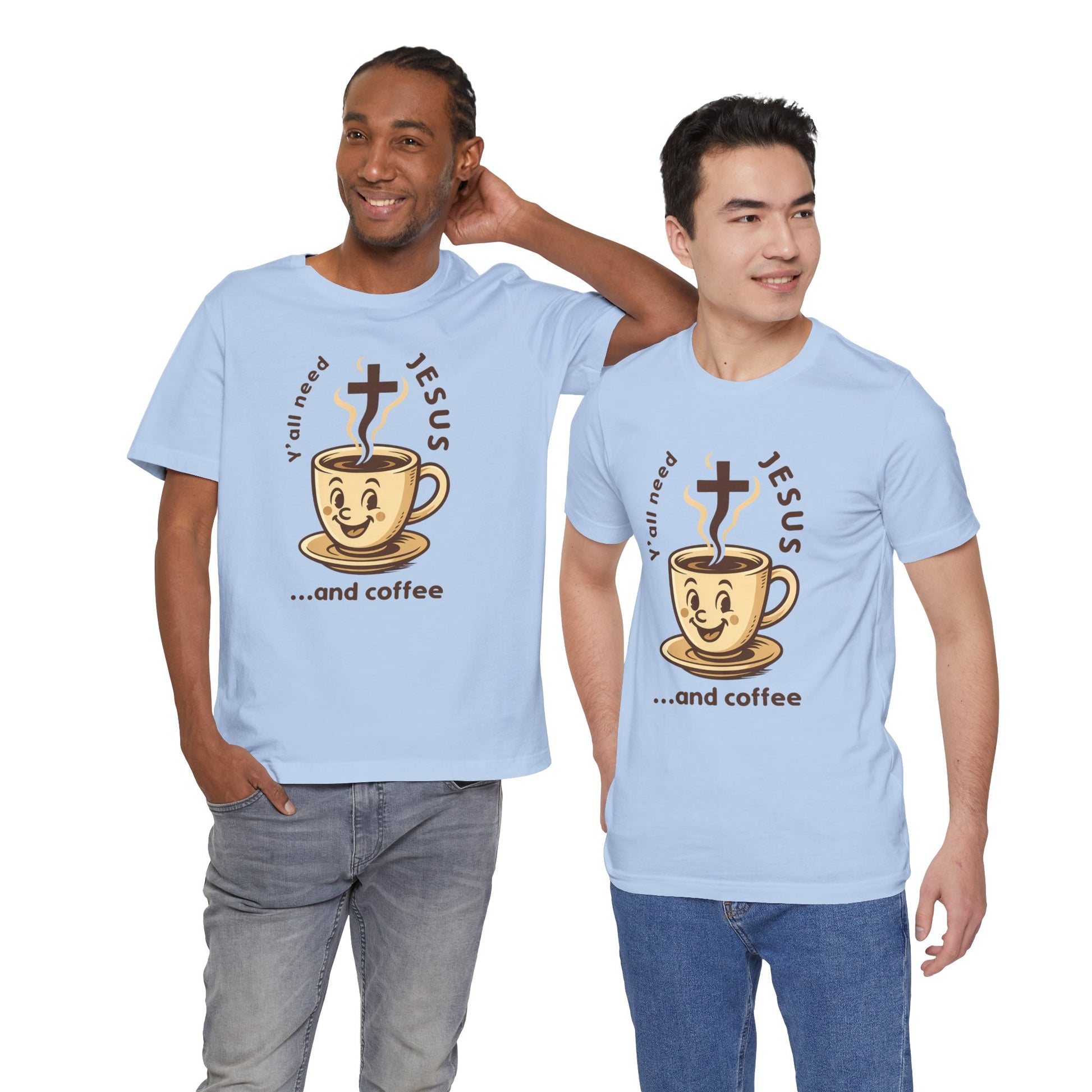 Two men wearing light blue t-shirts with a graphic of a coffee cup and text, standing side by side against a white background.