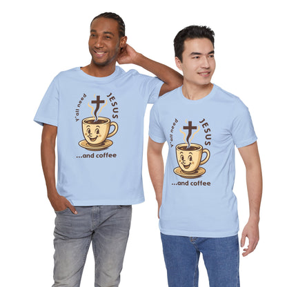 Two men wearing light blue t-shirts with a graphic of a coffee cup and text, standing side by side against a white background.