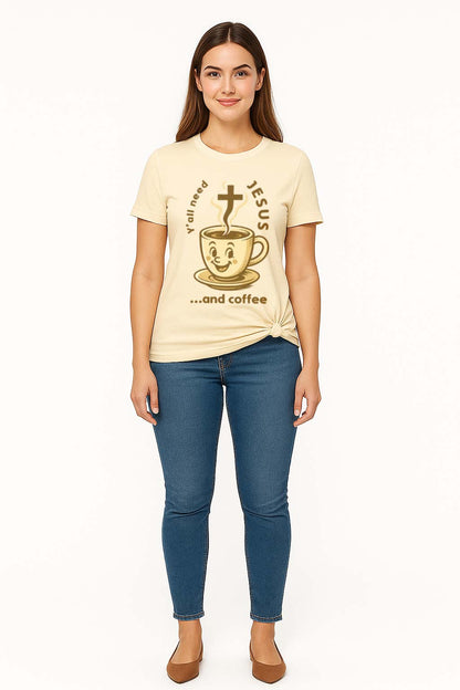 Woman wearing a beige t-shirt with a graphic design on a white background