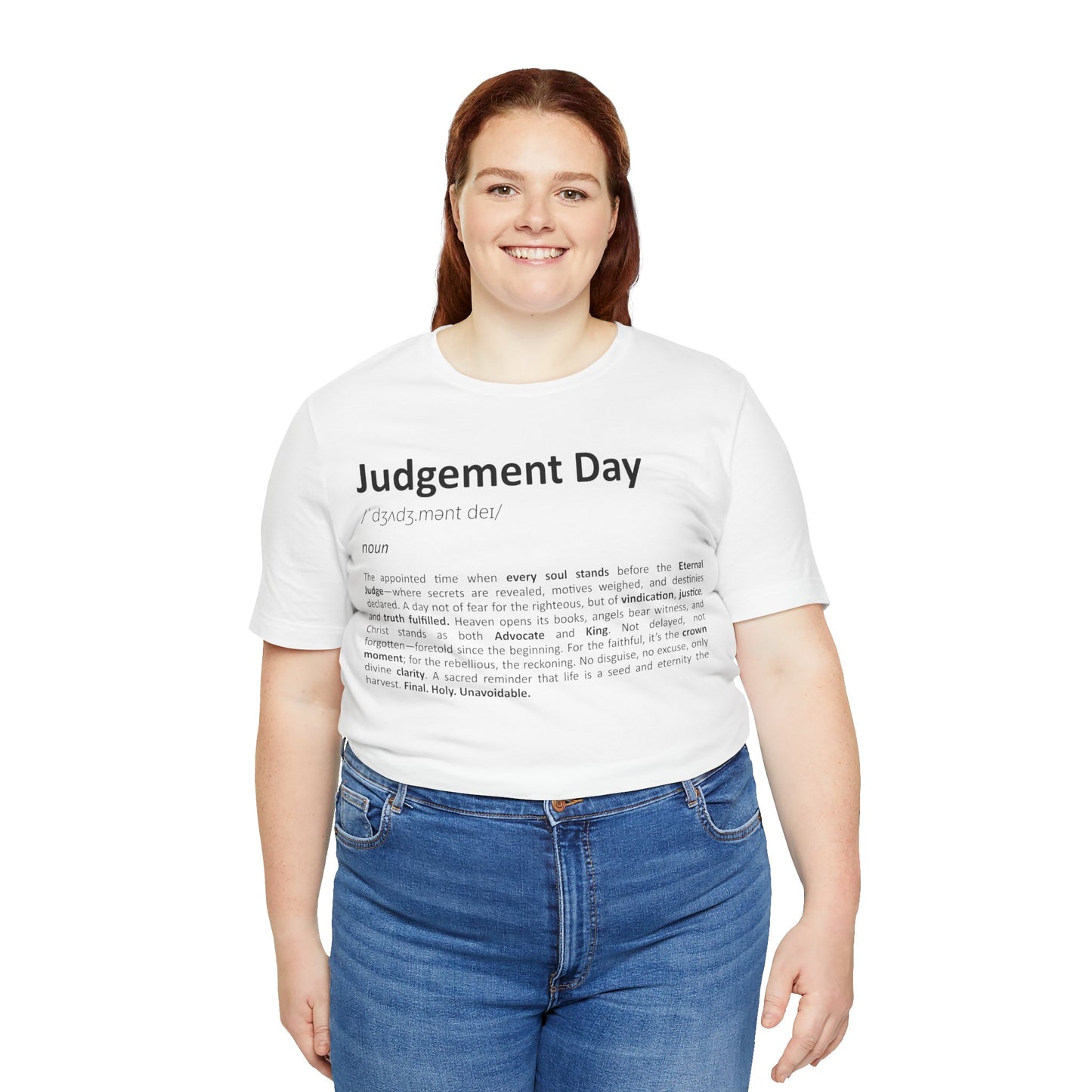 Person wearing a white t-shirt with 'Judgement Day' text on a white background
