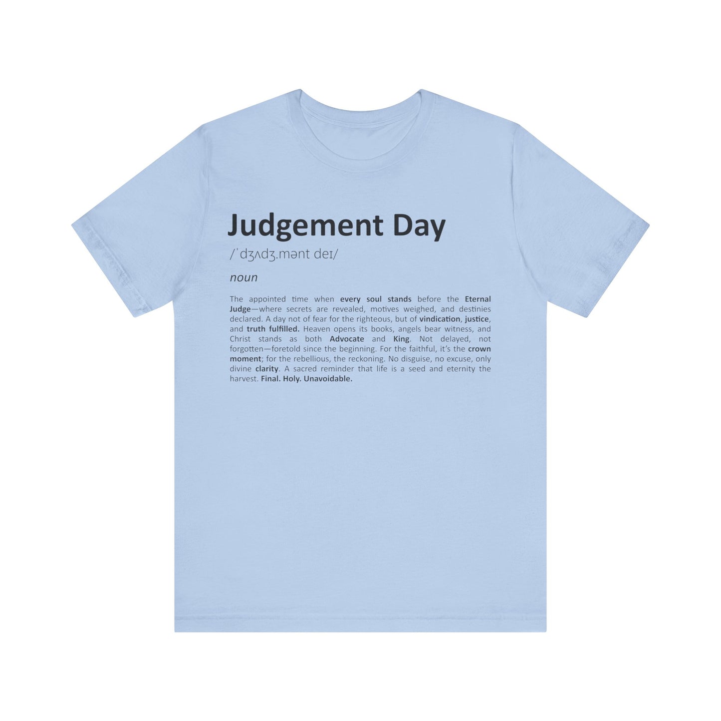 Light blue t-shirt with 'Judgement Day' definition text on a white background