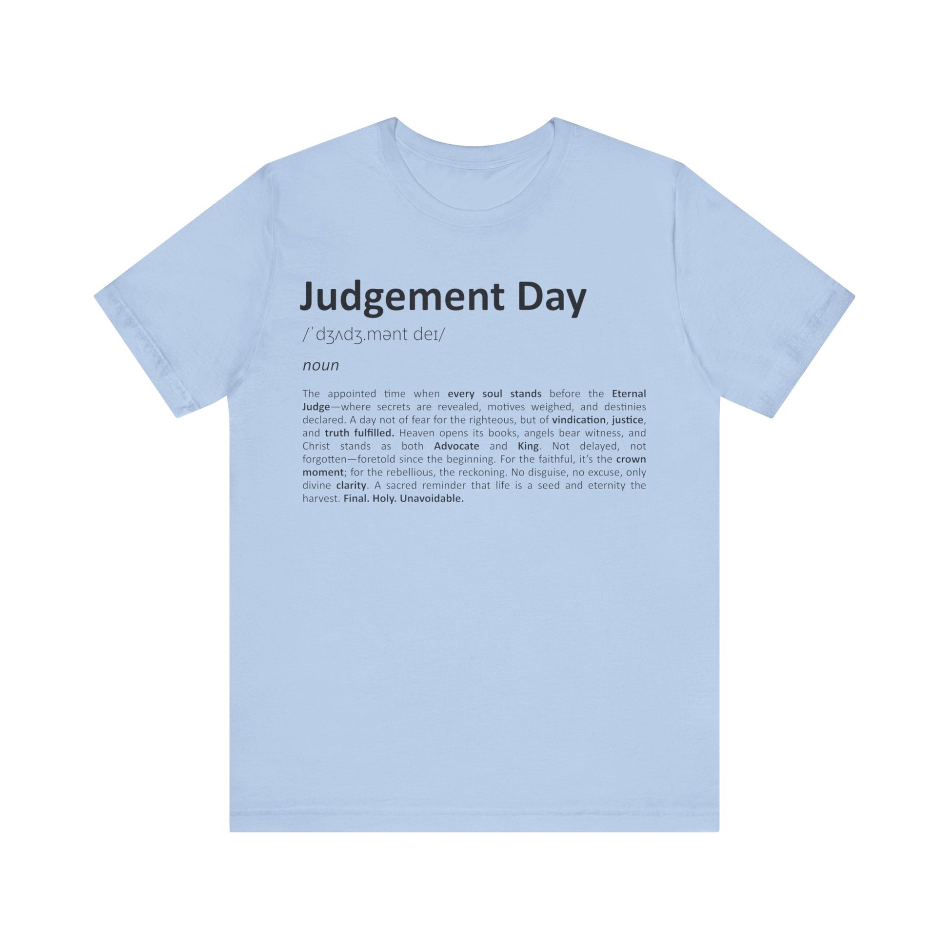 Light blue t-shirt with 'Judgement Day' definition text on a white background