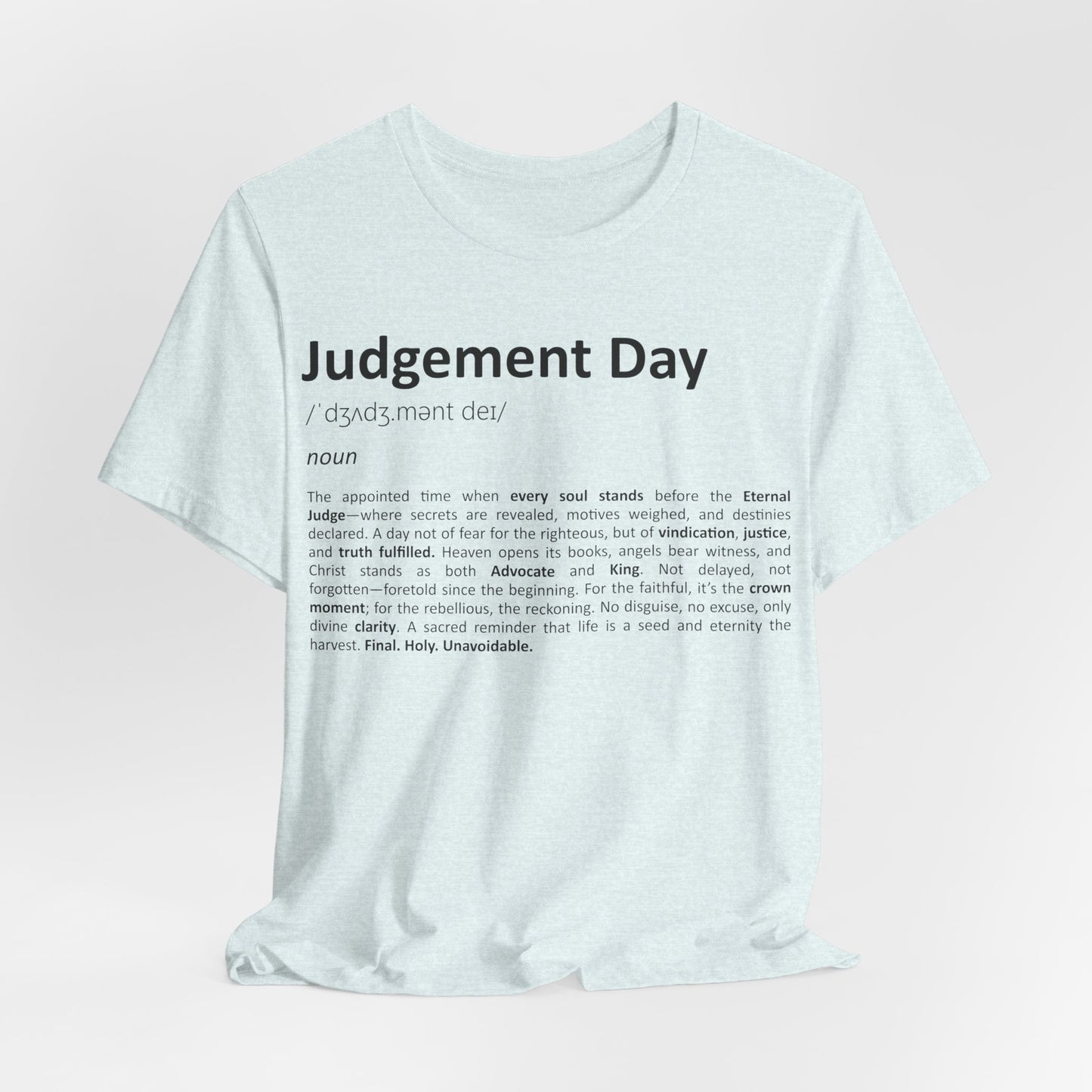 White t-shirt with 'Judgement Day' definition text on a light pink background