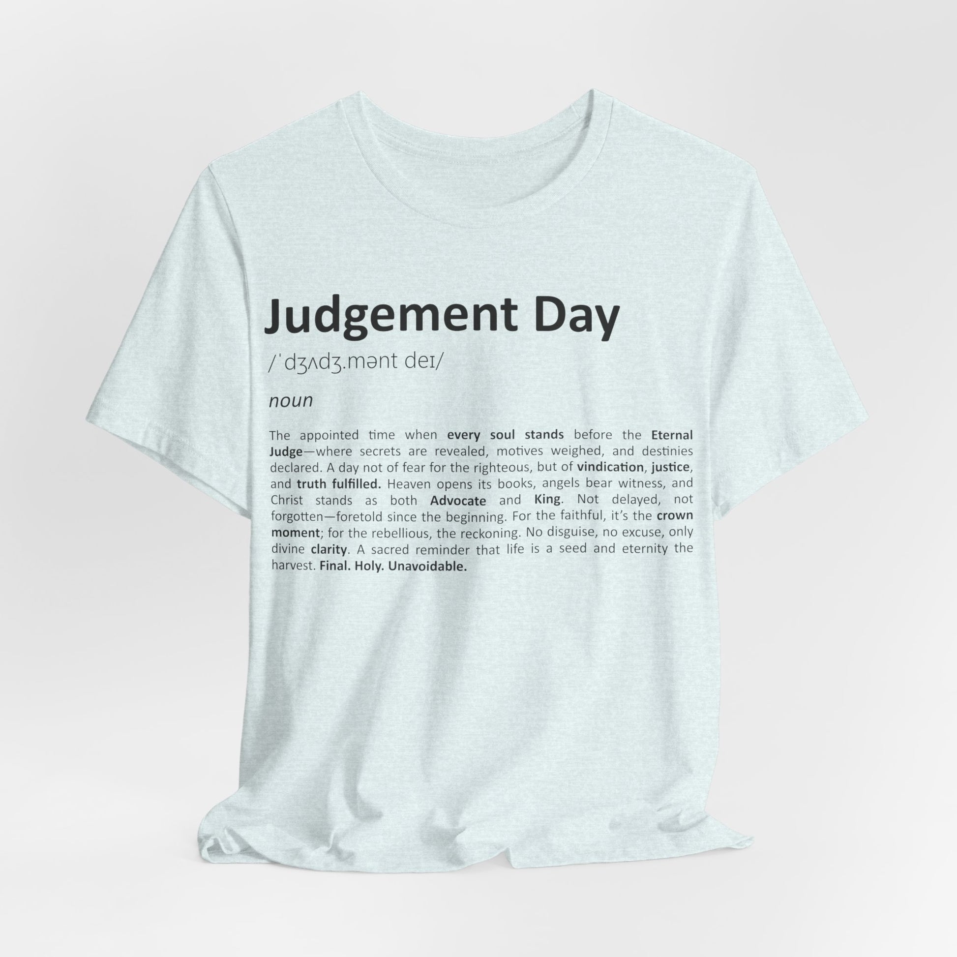White t-shirt with 'Judgement Day' definition text on a light pink background