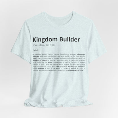 White t-shirt with 'Kingdom Builder' definition text on a light pink background