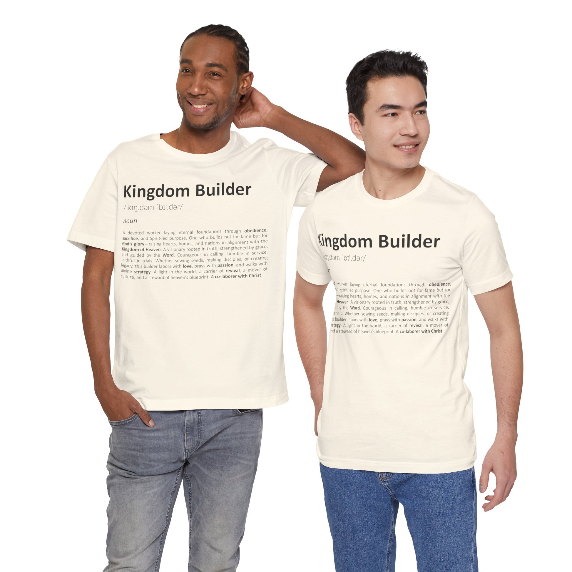 Two men wearing 'Kingdom Builder' t-shirts on a white background
