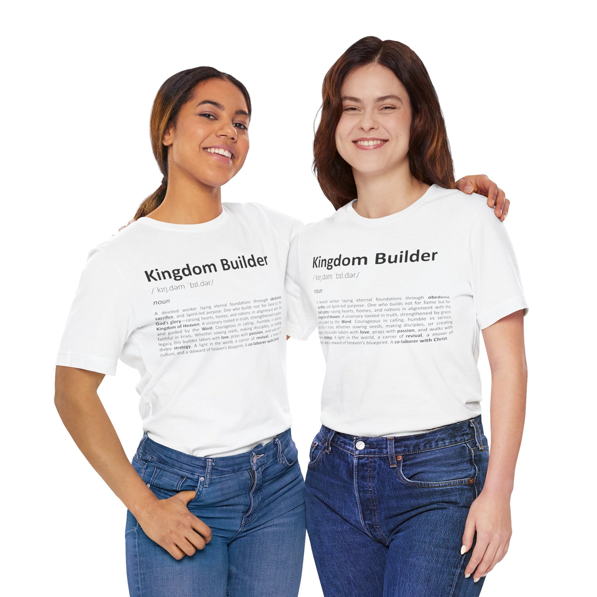 Two people wearing white t-shirts with 'Kingdom Builder' text on a white background