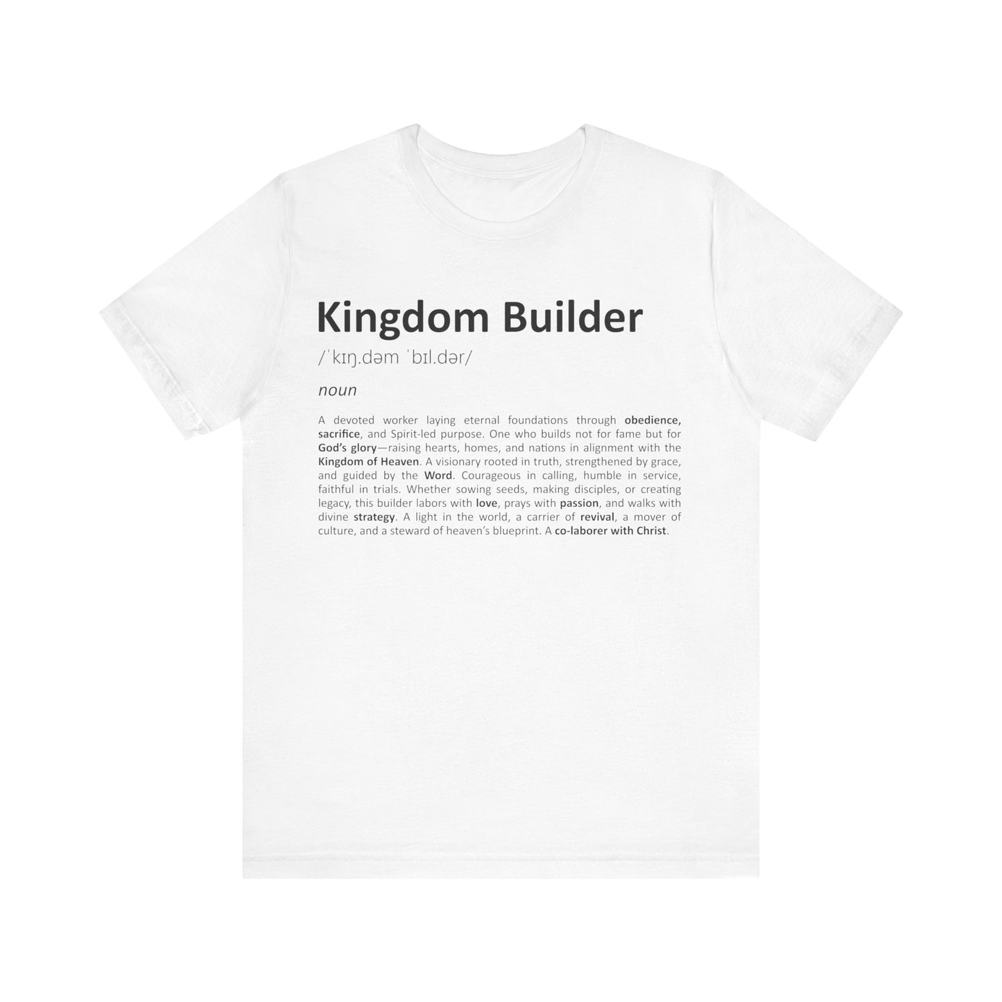 White t-shirt with 'Kingdom Builder' text on a white background