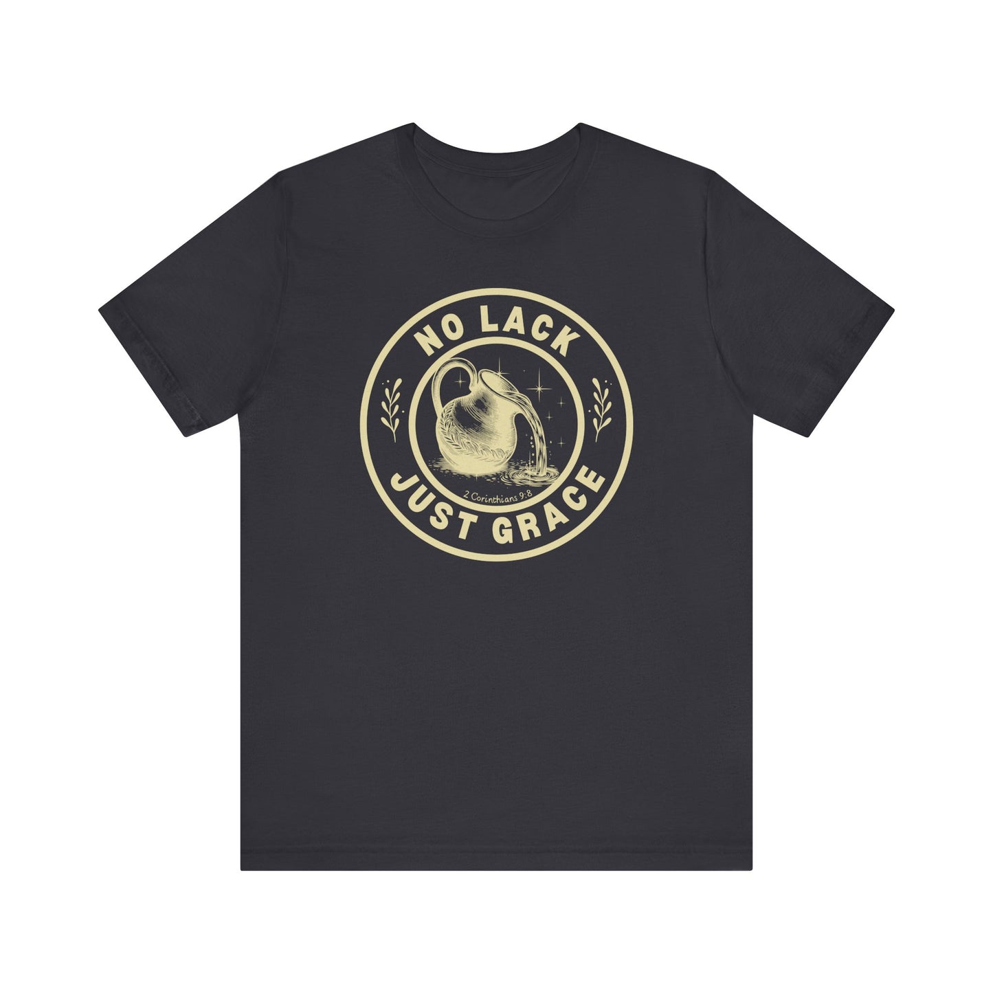 Black t-shirt with 'No Lack Just Grace' graphic design on a white background