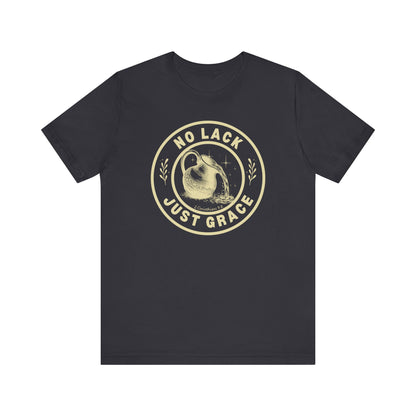 Black t-shirt with 'No Lack Just Grace' graphic design on a white background