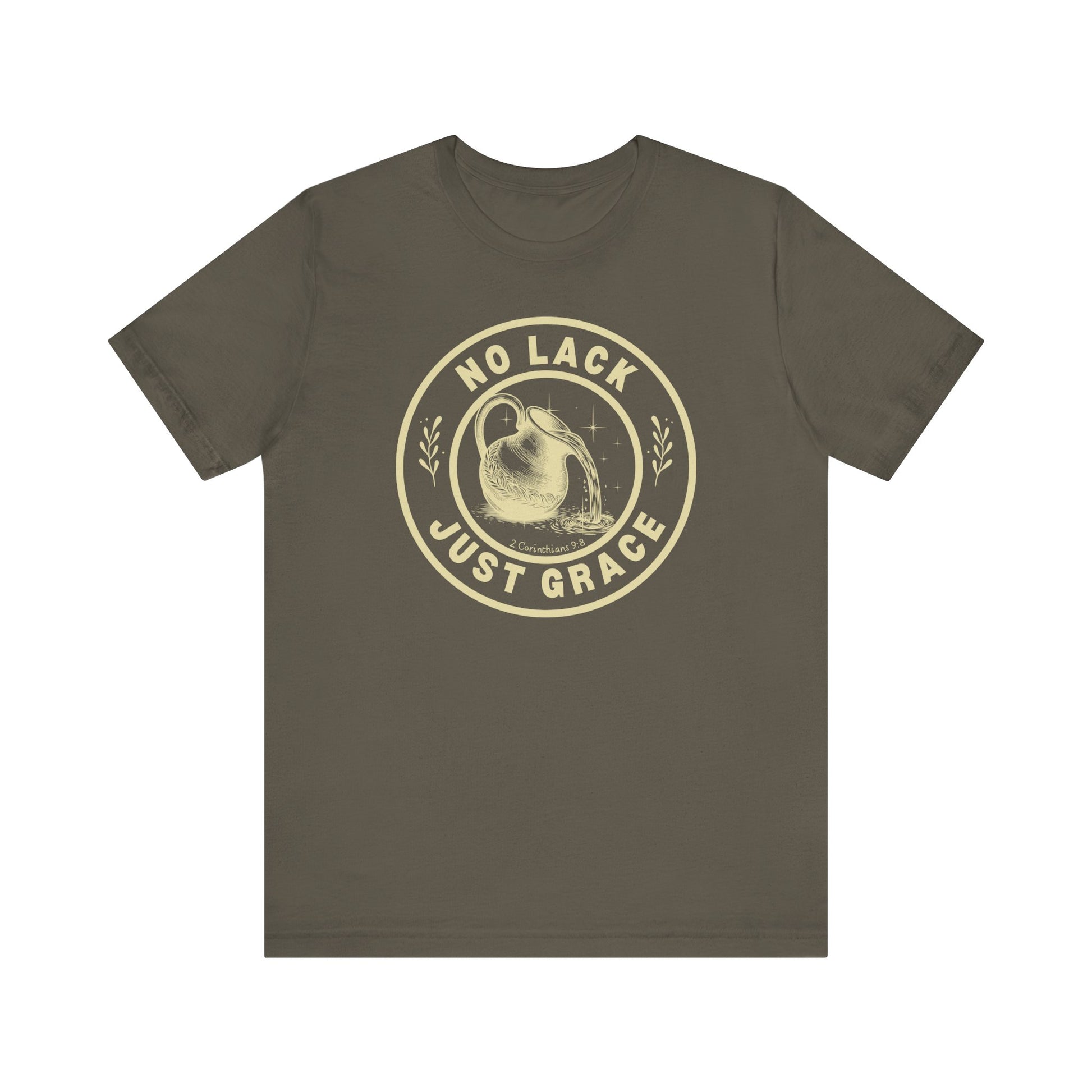 Brown t-shirt with 'No Lack Just Grace' text and graphic on a white background