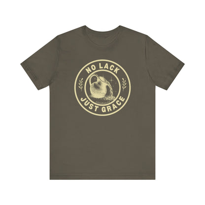 Brown t-shirt with 'No Lack Just Grace' text and graphic on a white background