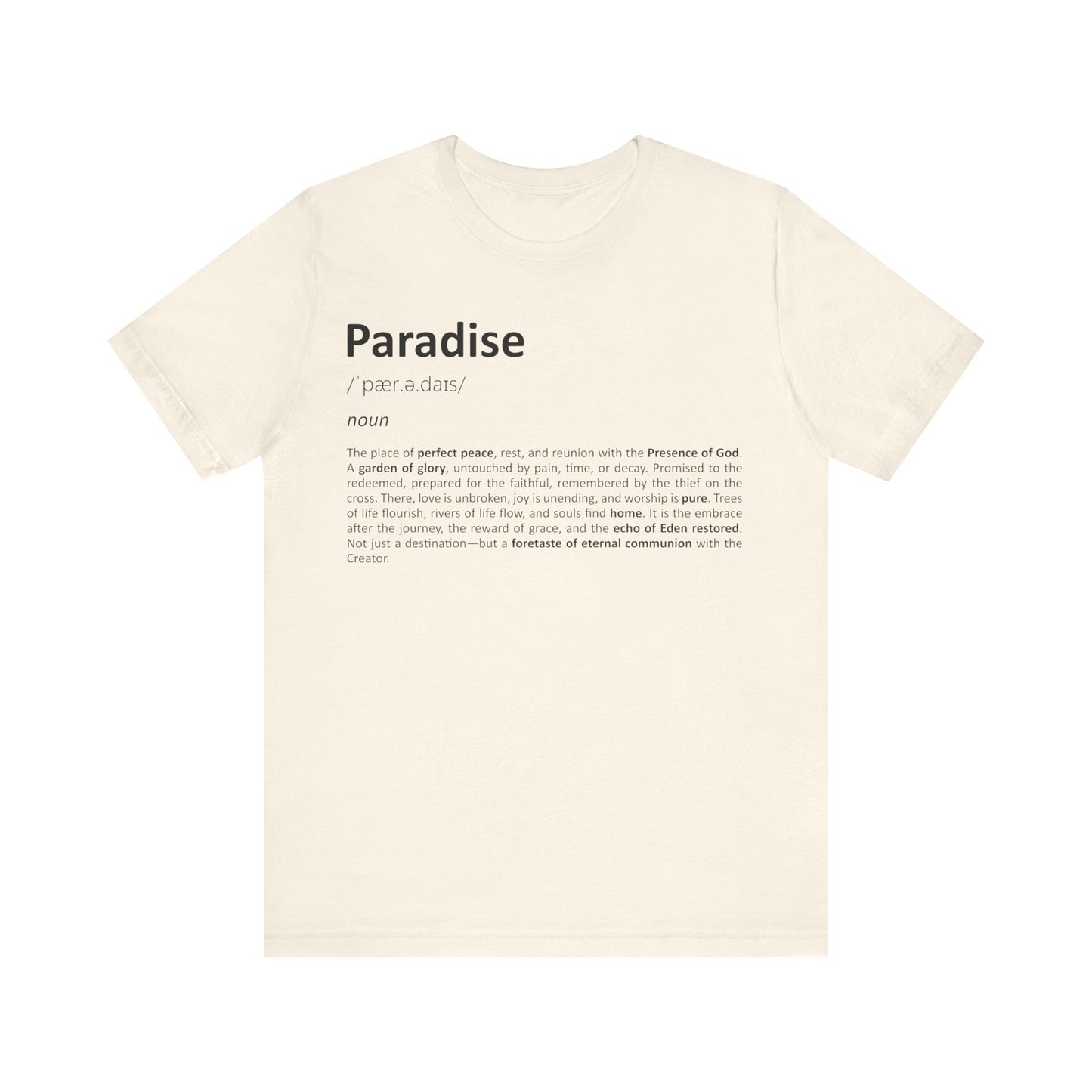 Beige t-shirt with text design on a white background