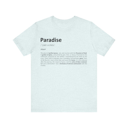 Light blue t-shirt with black text on a white background