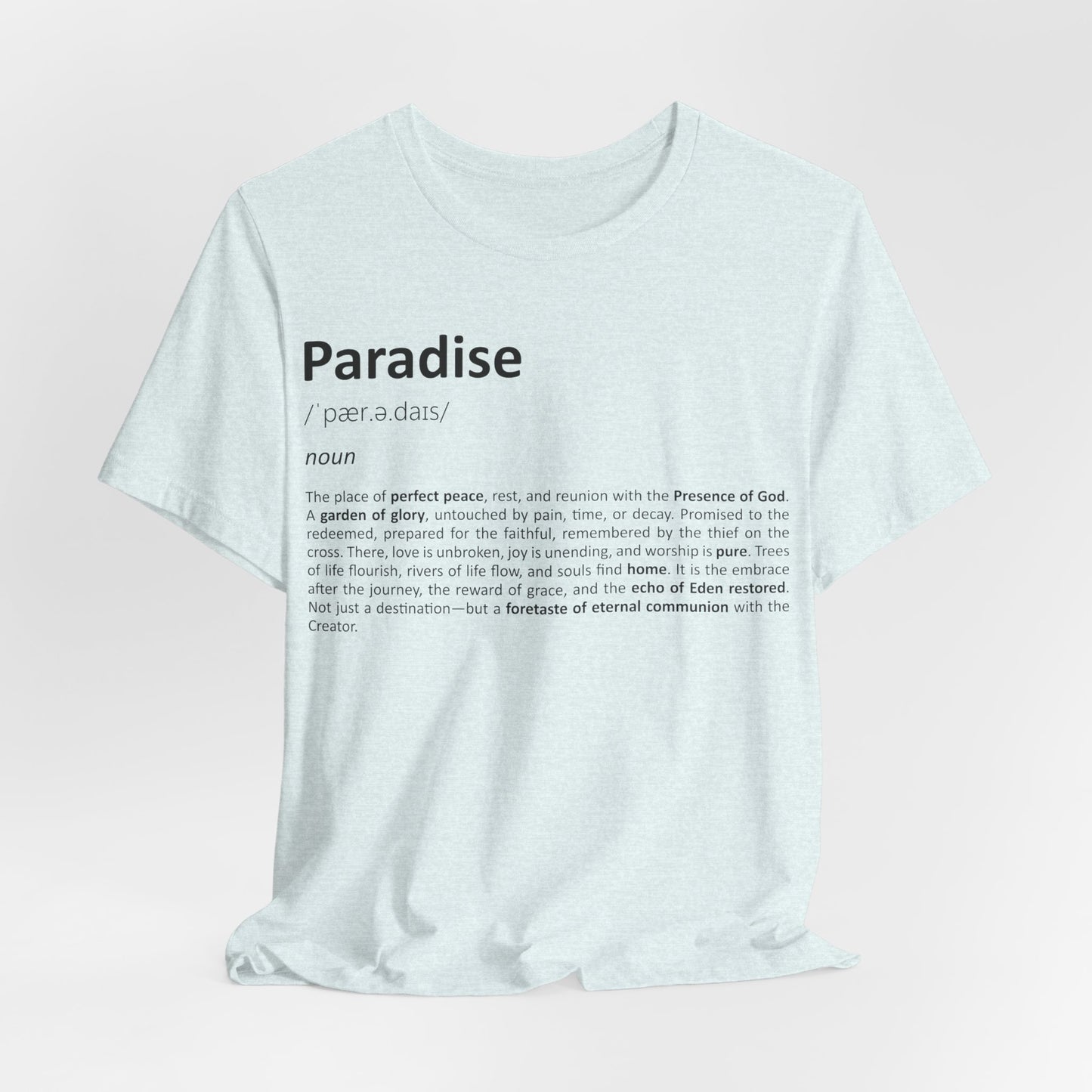 White t-shirt with black text on a light pink background