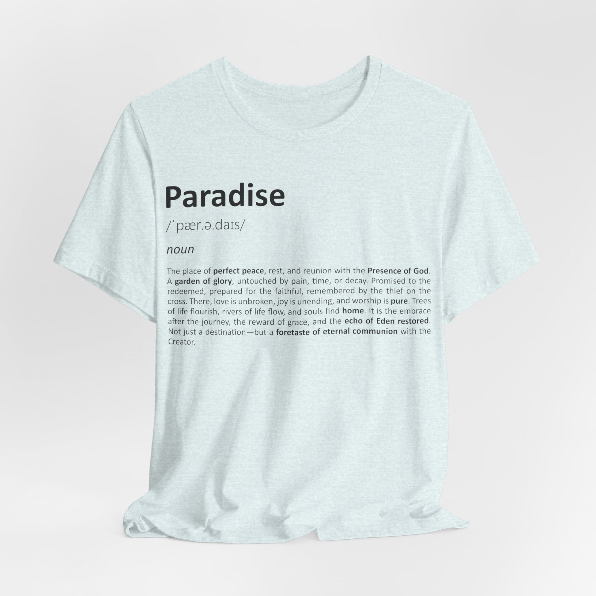 White t-shirt with black text on a light pink background