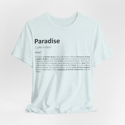 White t-shirt with black text on a light pink background