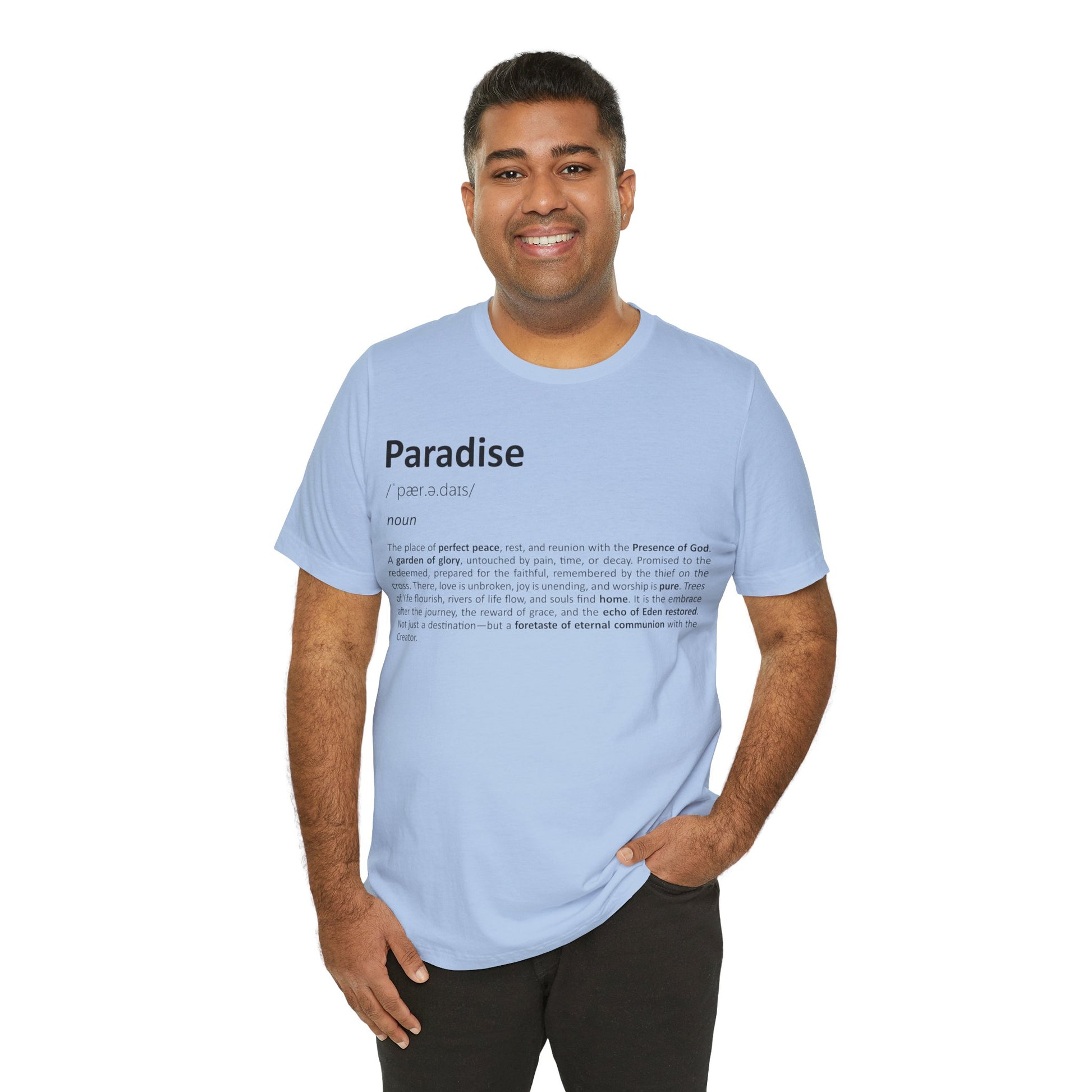 Man wearing a light blue t-shirt with text design on a white background