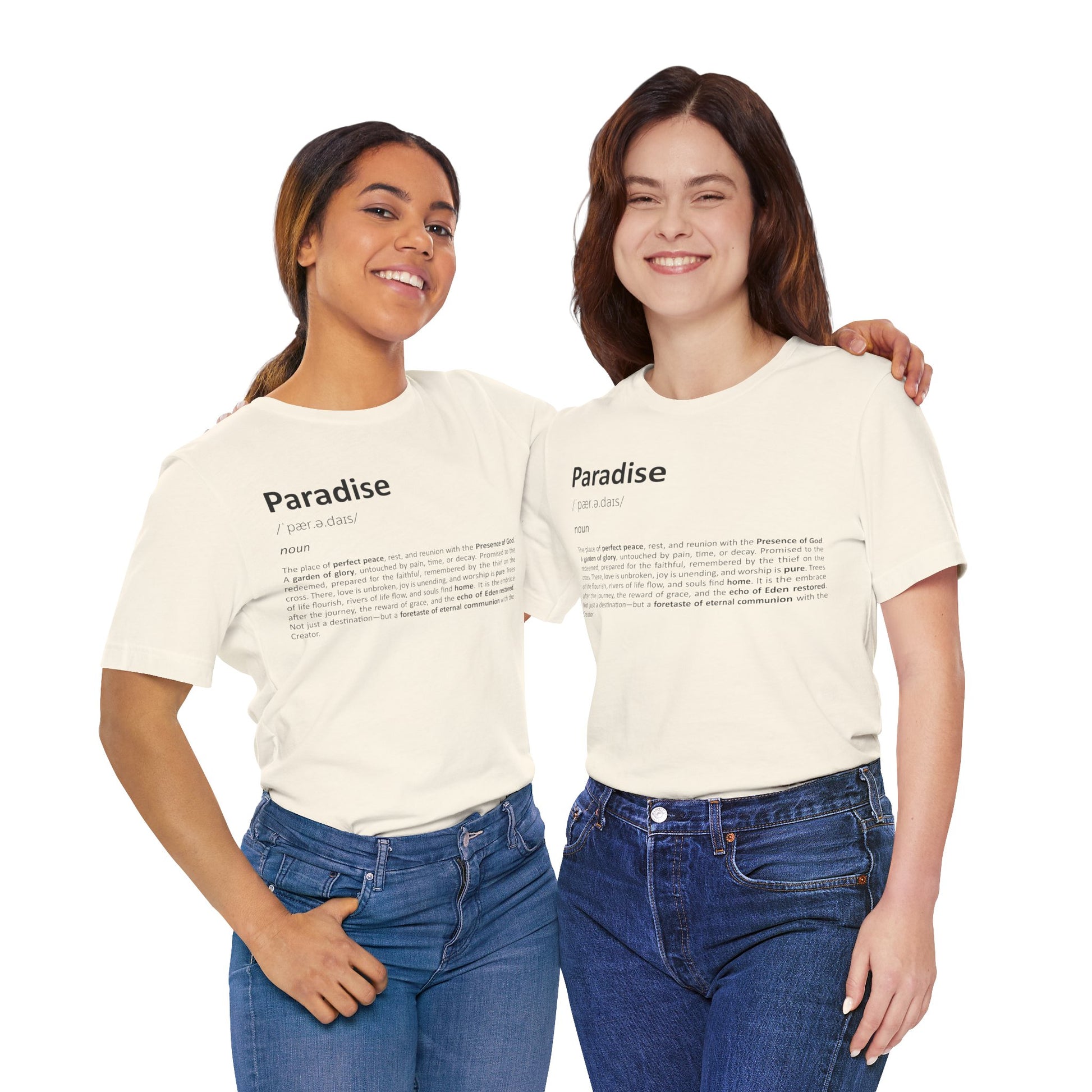 Two people wearing white t-shirts with 'Paradise' text and definition on a white background