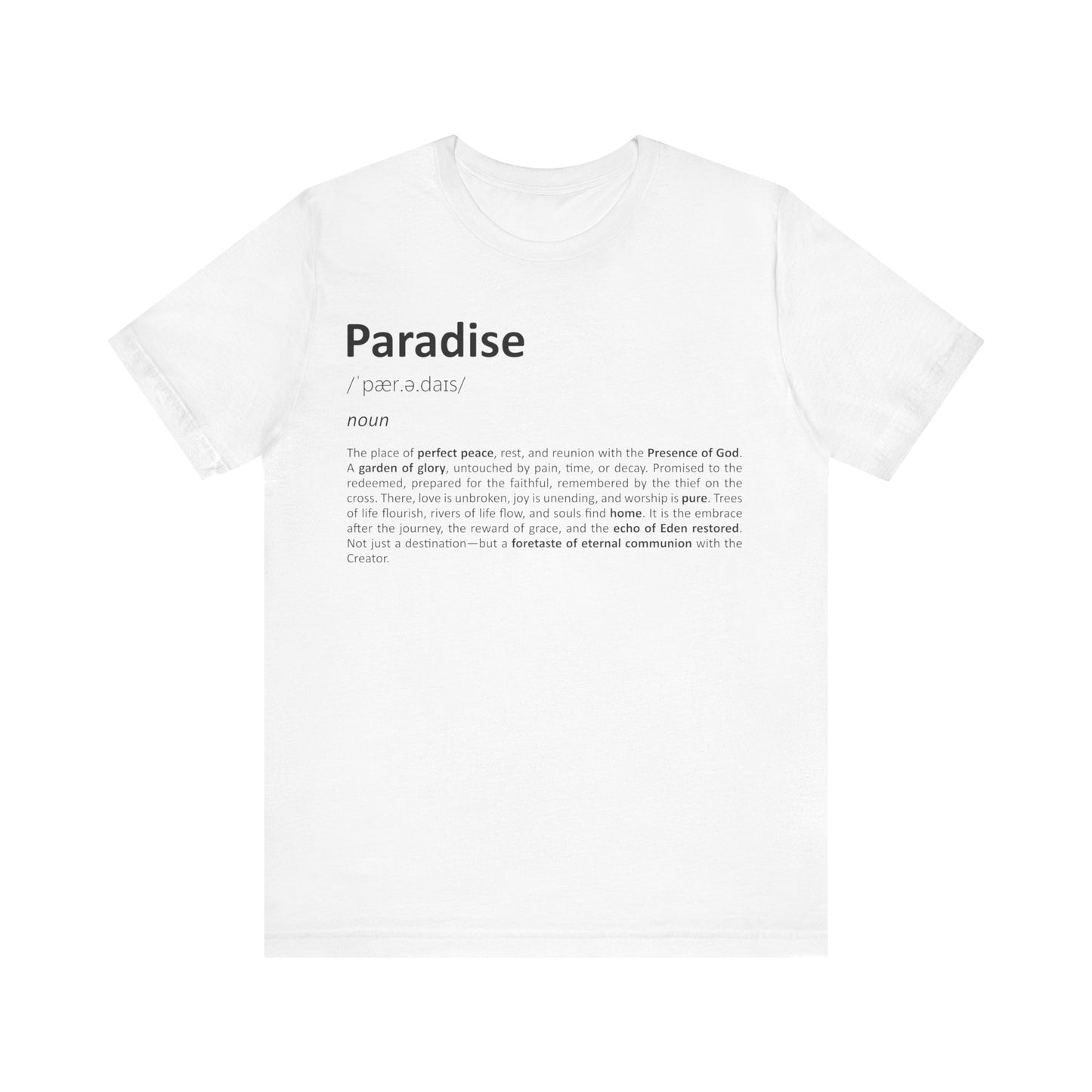 White t-shirt with black text on a white background