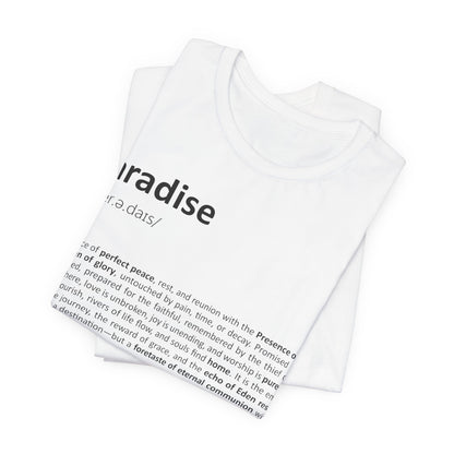 White t-shirt with black text on a white background