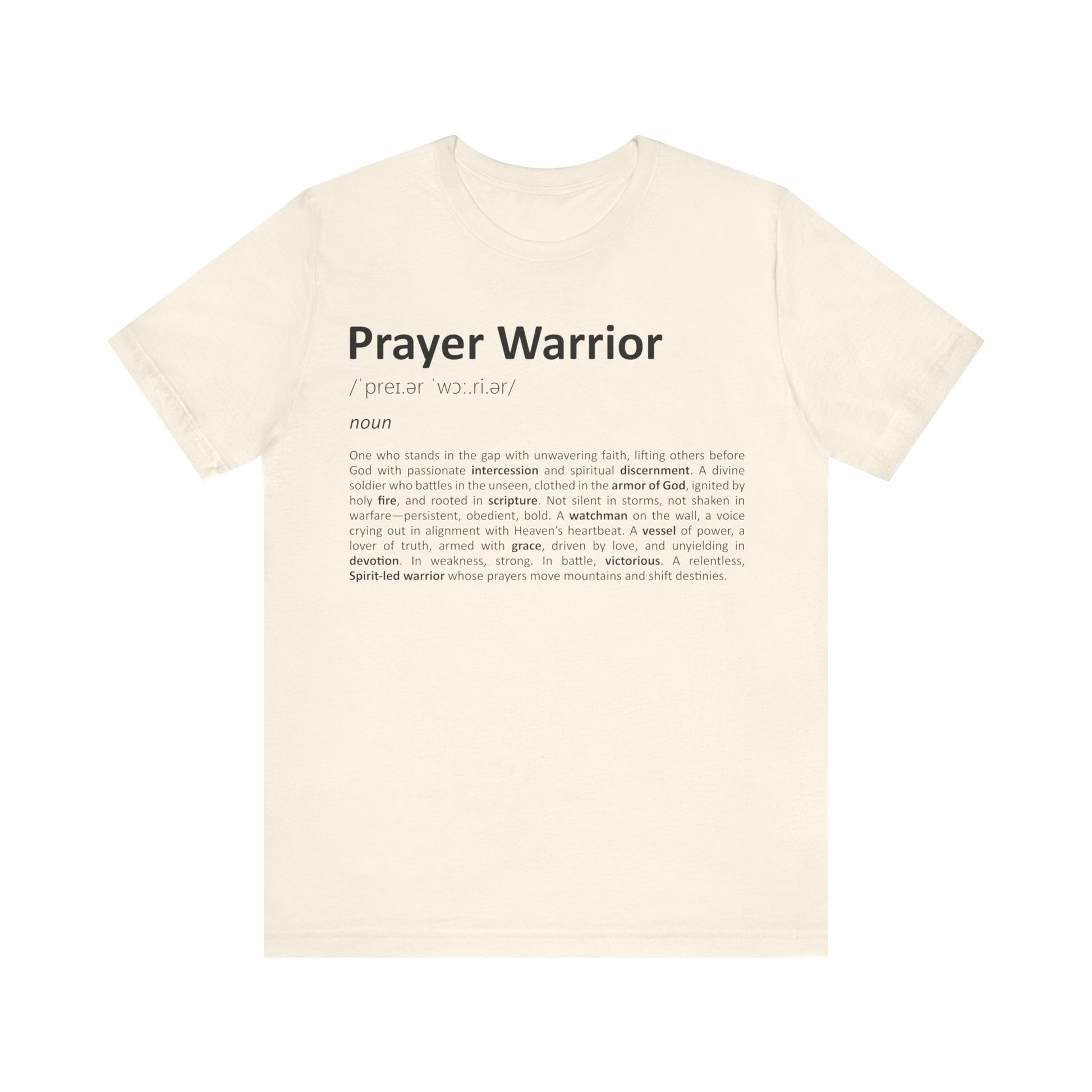 Beige t-shirt with 'Prayer Warrior' text and definition on a white background