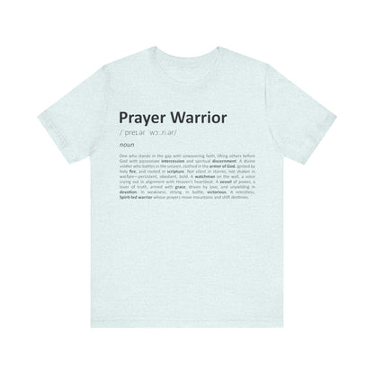 Light blue t-shirt with 'Prayer Warrior' text on a white background