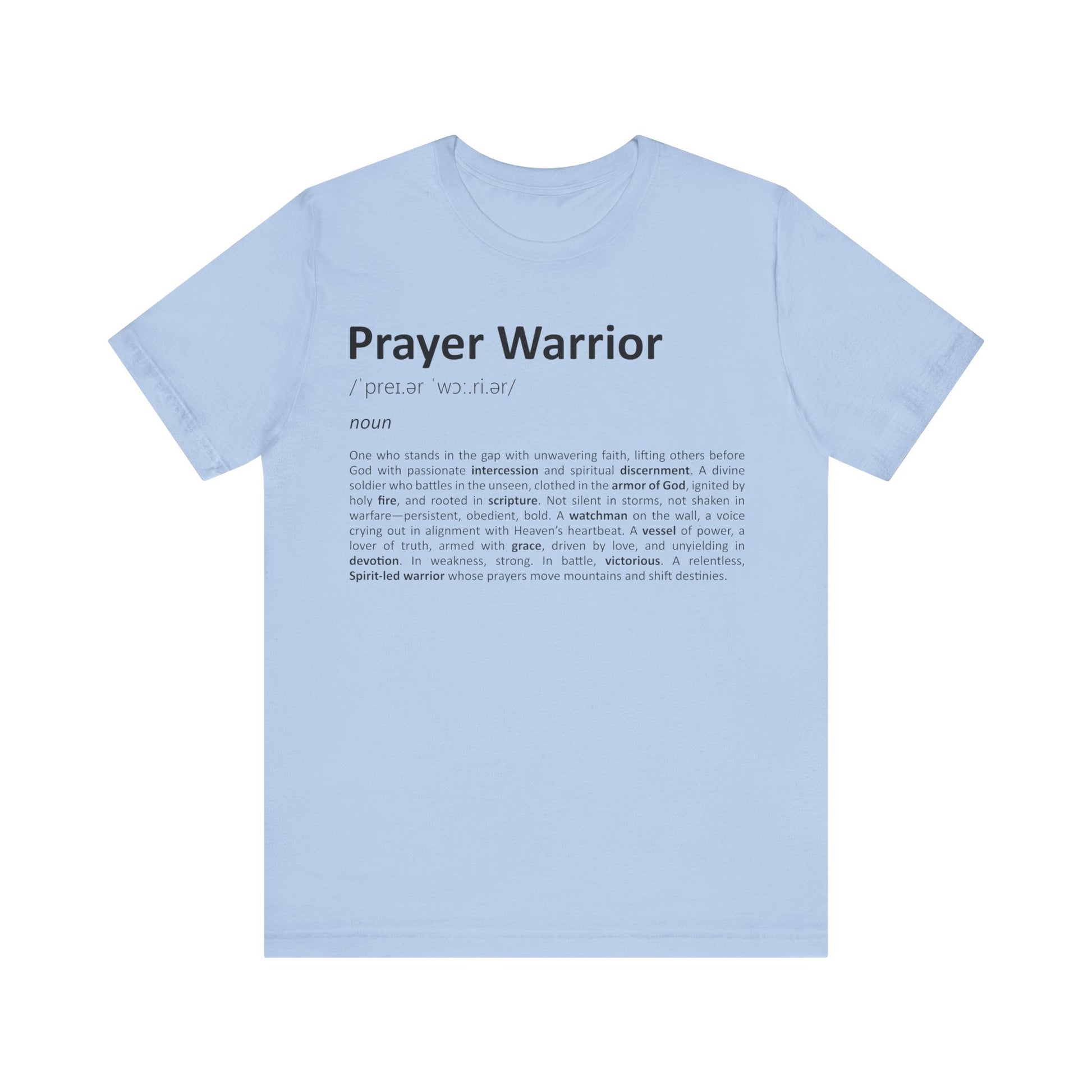 Light blue t-shirt with 'Prayer Warrior' text and definition on a white background