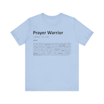 Light blue t-shirt with 'Prayer Warrior' text and definition on a white background