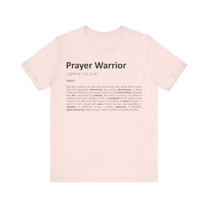 Pink t-shirt with 'Prayer Warrior' definition text on a white background