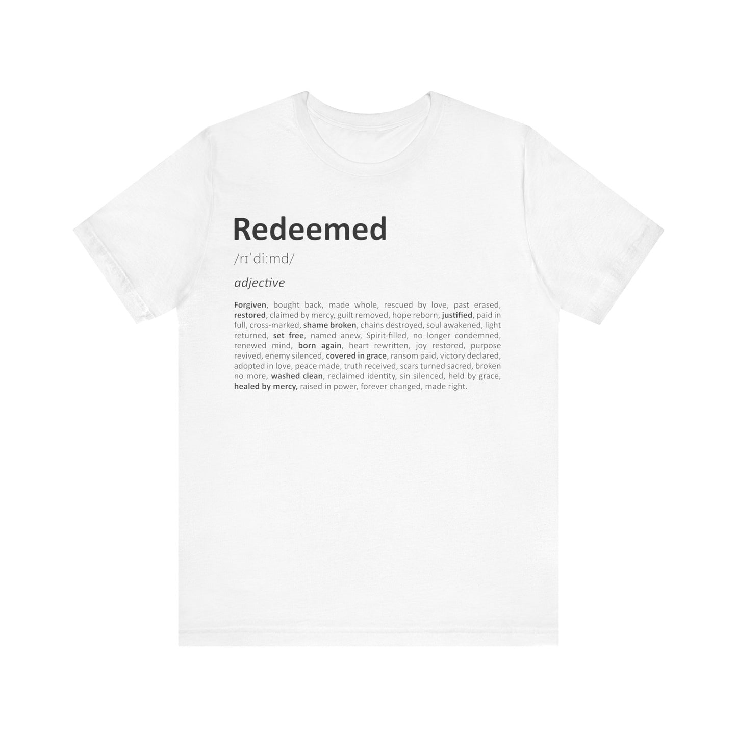 White t-shirt with 'Redeemed' definition printed on a white background