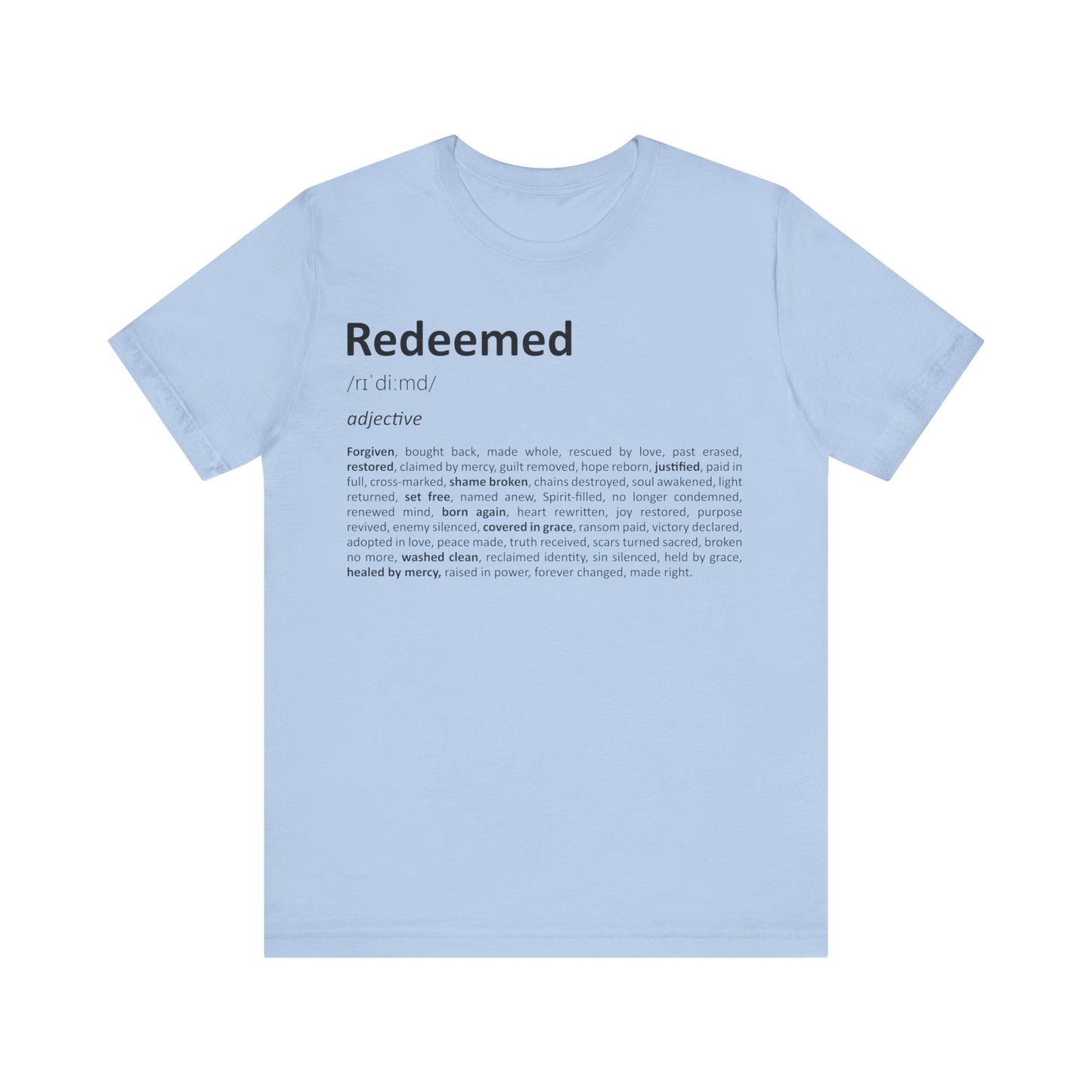 Light blue t-shirt with 'Redeemed' definition text on a white background