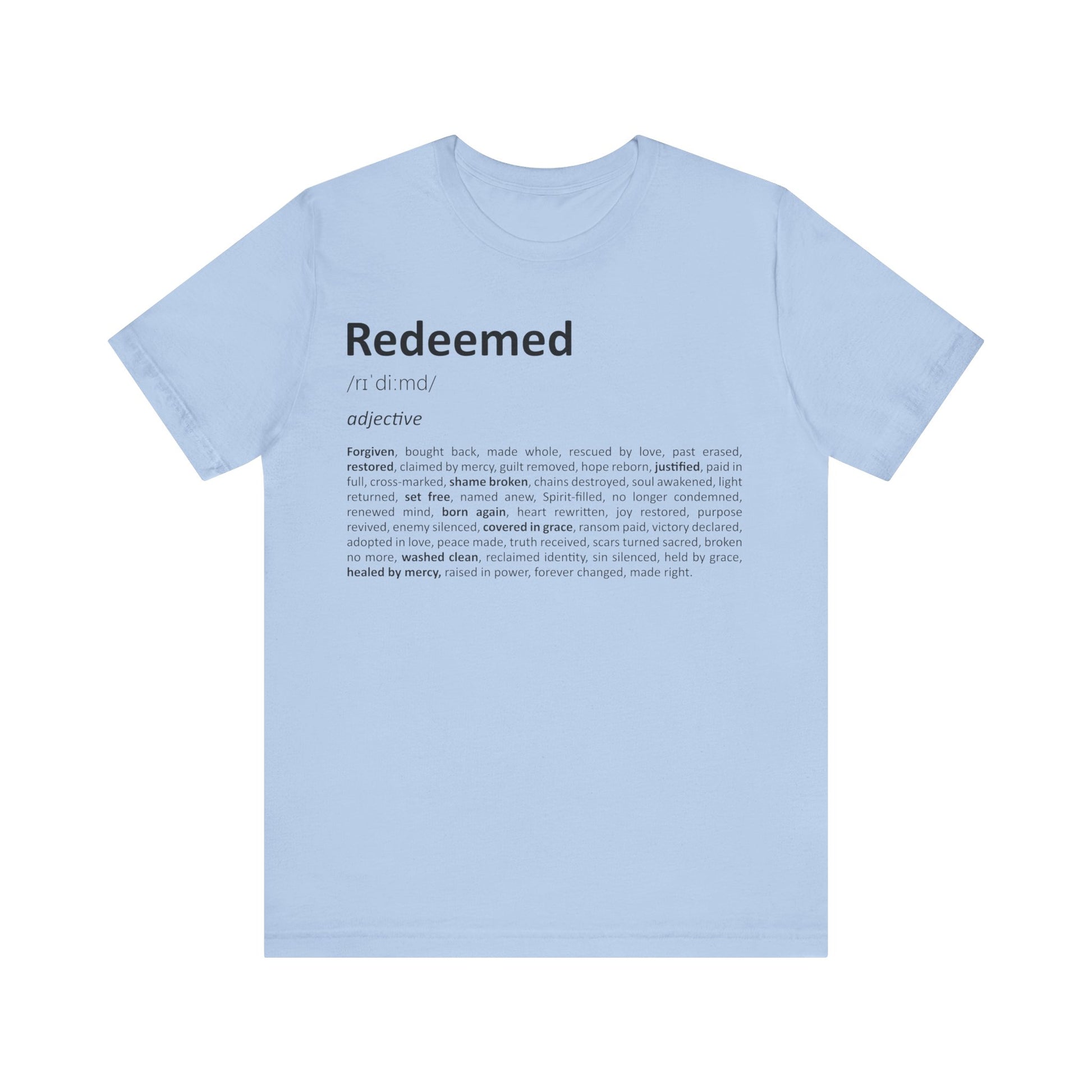 Light blue t-shirt with 'Redeemed' definition text on a white background