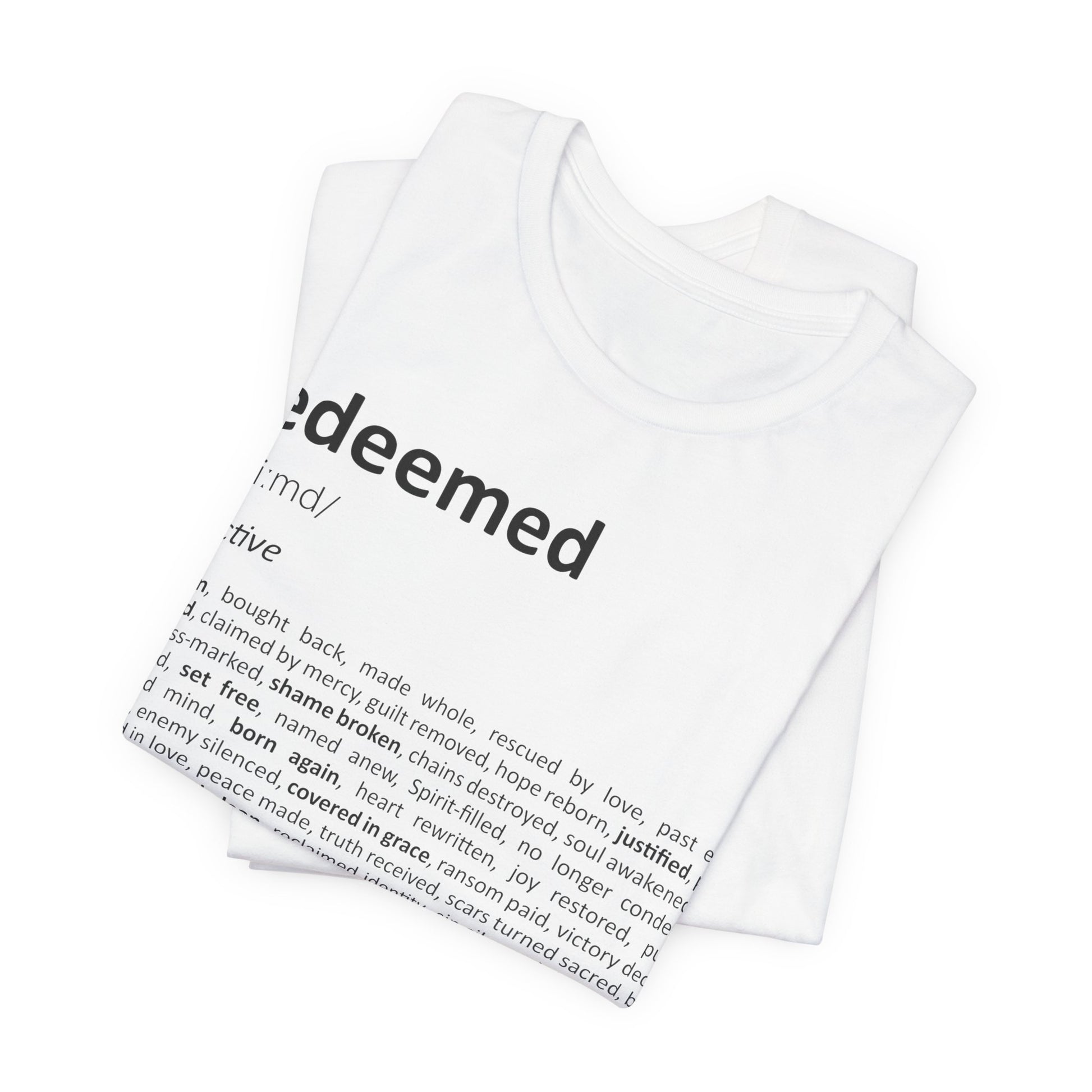 White tank top with 'redeemed' text and definition printed on a white background