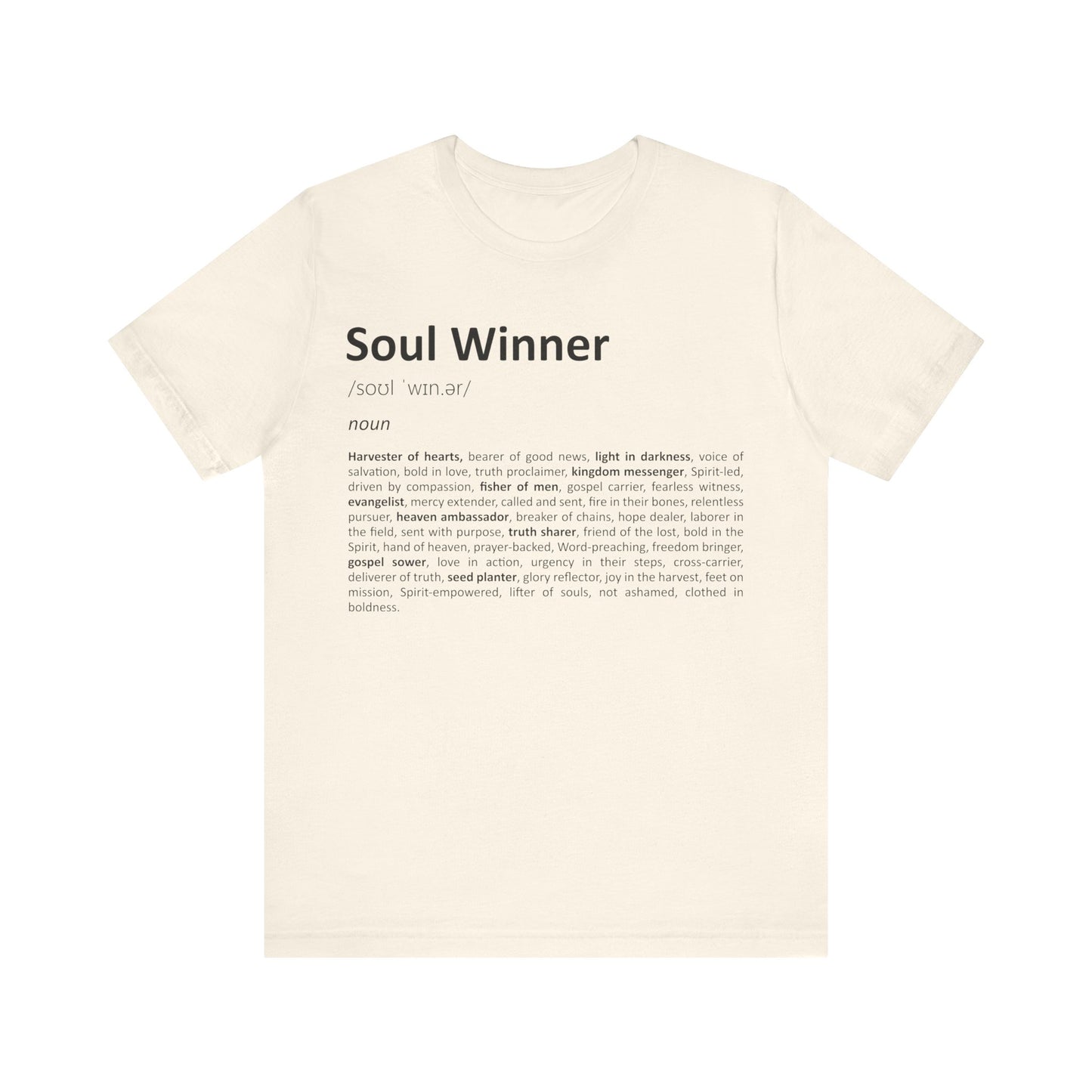 Beige t-shirt with 'Soul Winner' text and definition on a white background