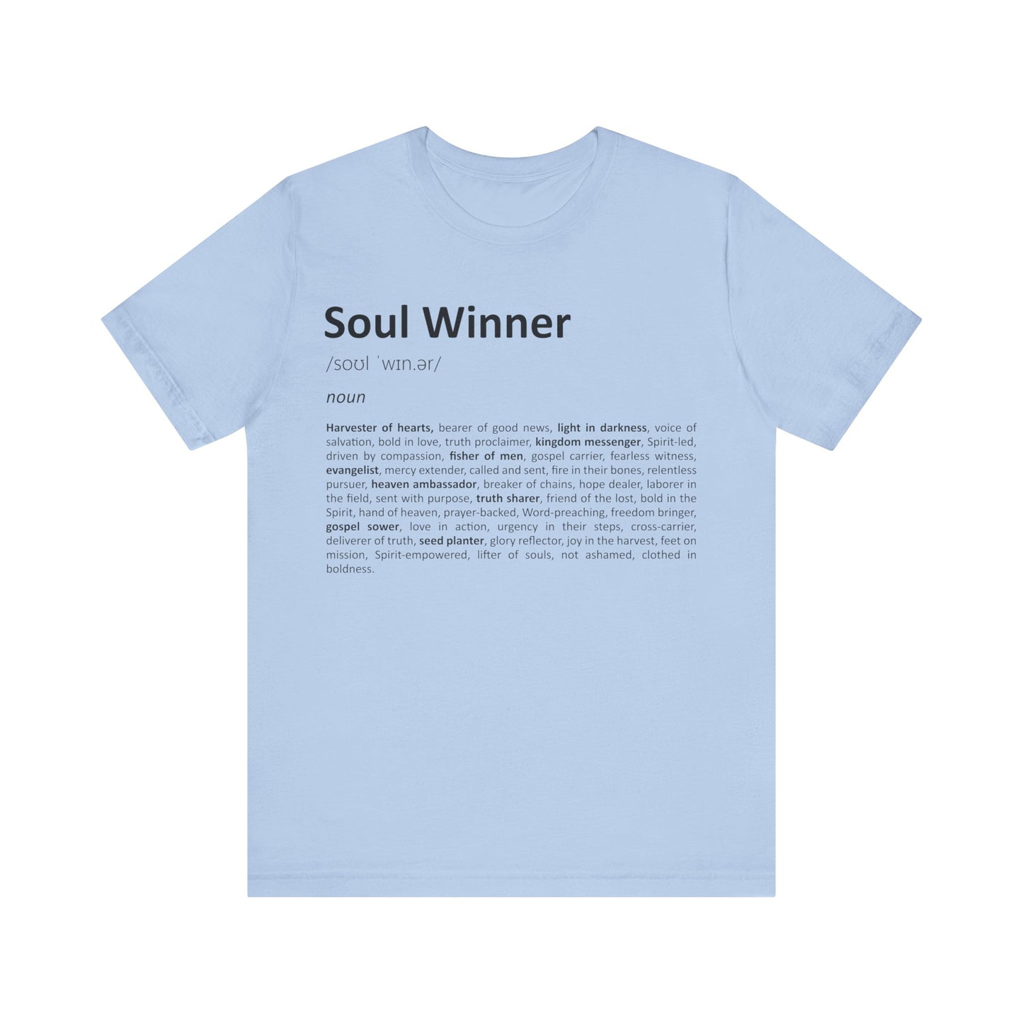 Light blue t-shirt with 'Soul Winner' text on a white background