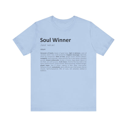 Light blue t-shirt with 'Soul Winner' text on a white background