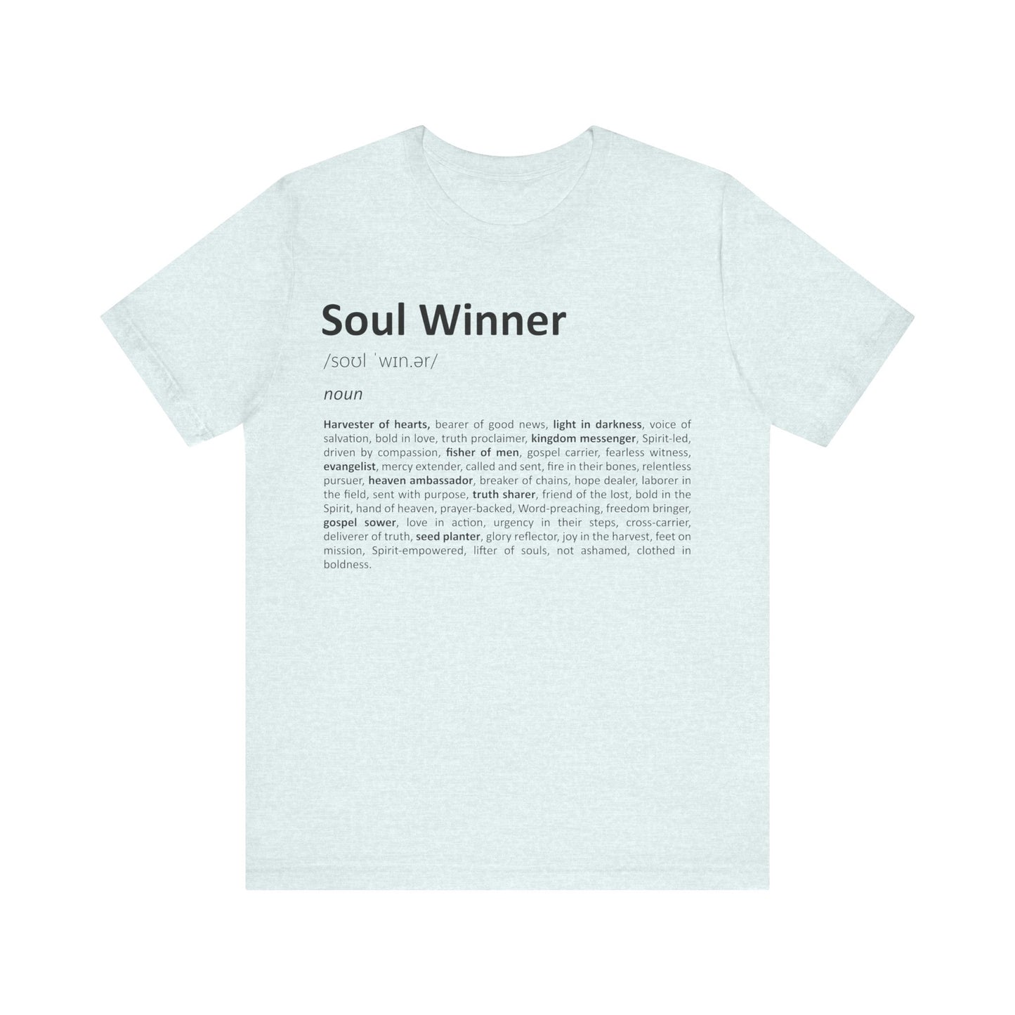 Light blue t-shirt with 'Soul Winner' text on a white background