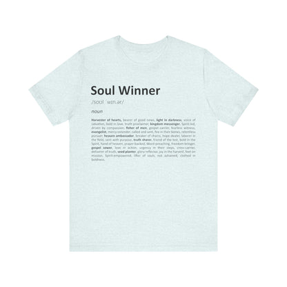 Light blue t-shirt with 'Soul Winner' text on a white background