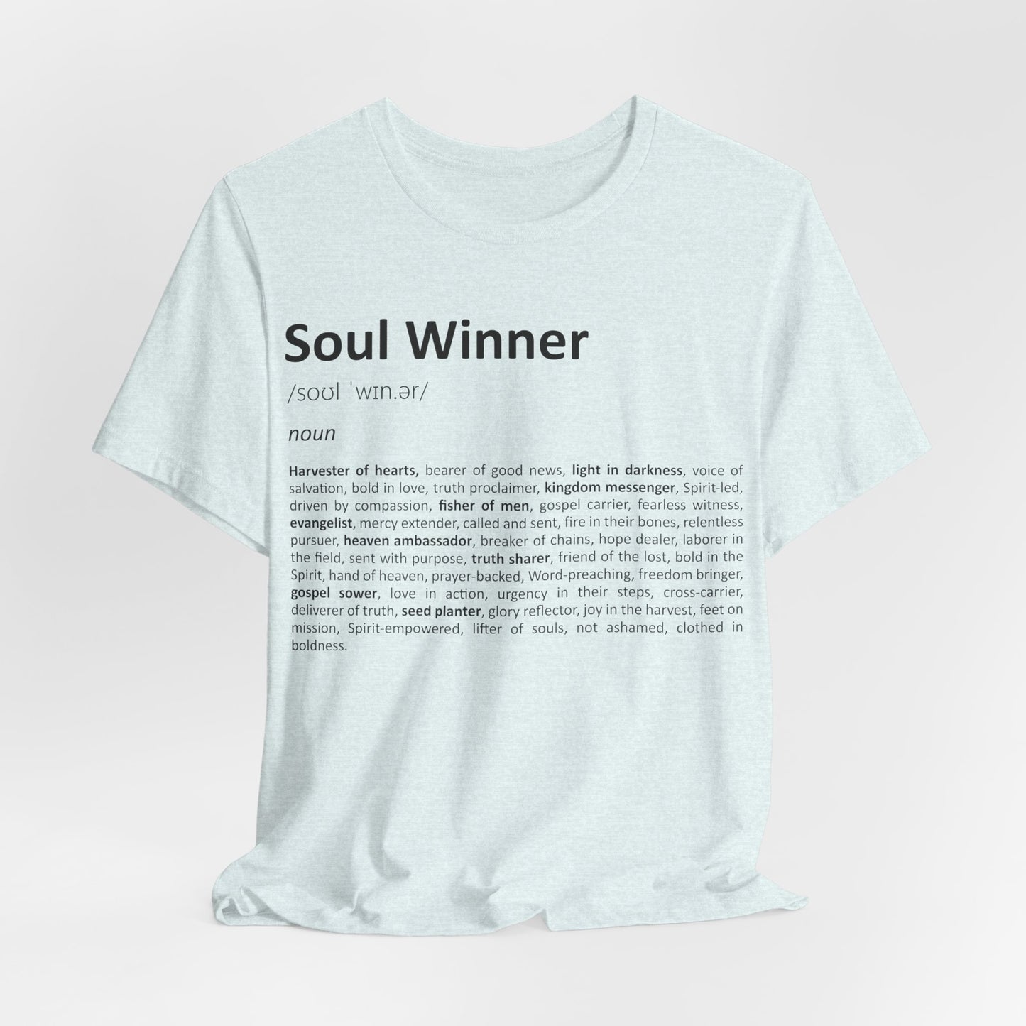White t-shirt with 'Soul Winner' text on a light pink background