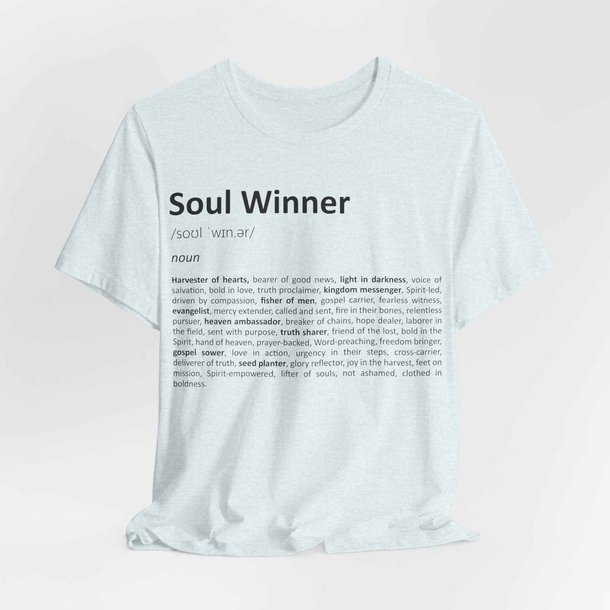 White t-shirt with 'Soul Winner' text on a light pink background