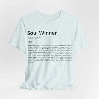 White t-shirt with 'Soul Winner' text on a light pink background