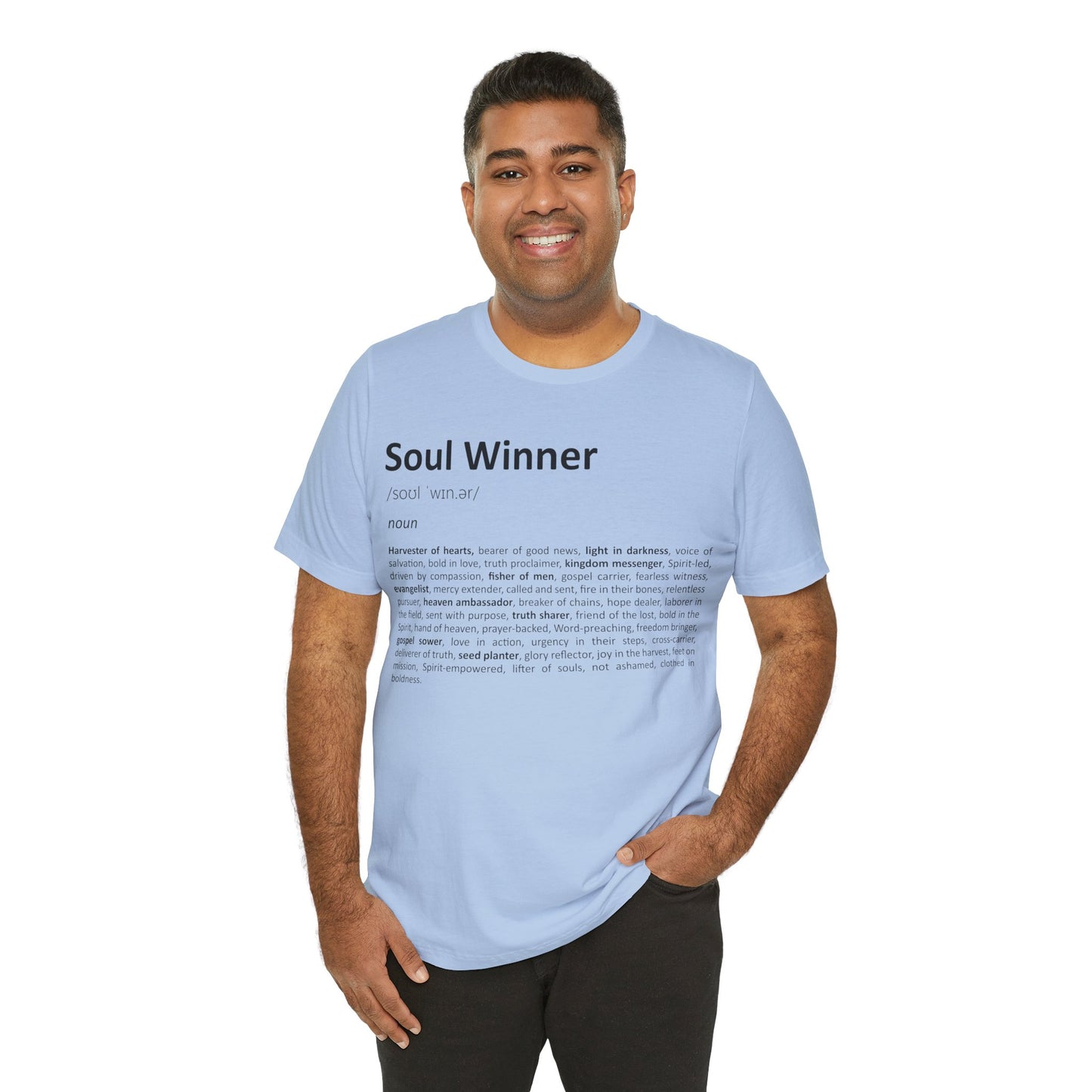 Man wearing a light blue t-shirt with text design on a white background