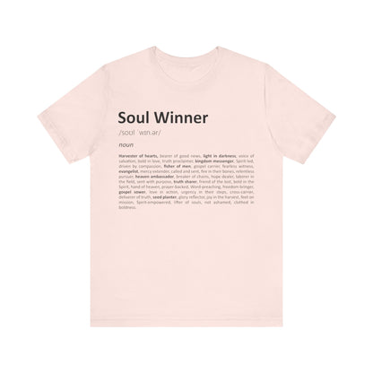 Pink t-shirt with 'Soul Winner' text on a white background