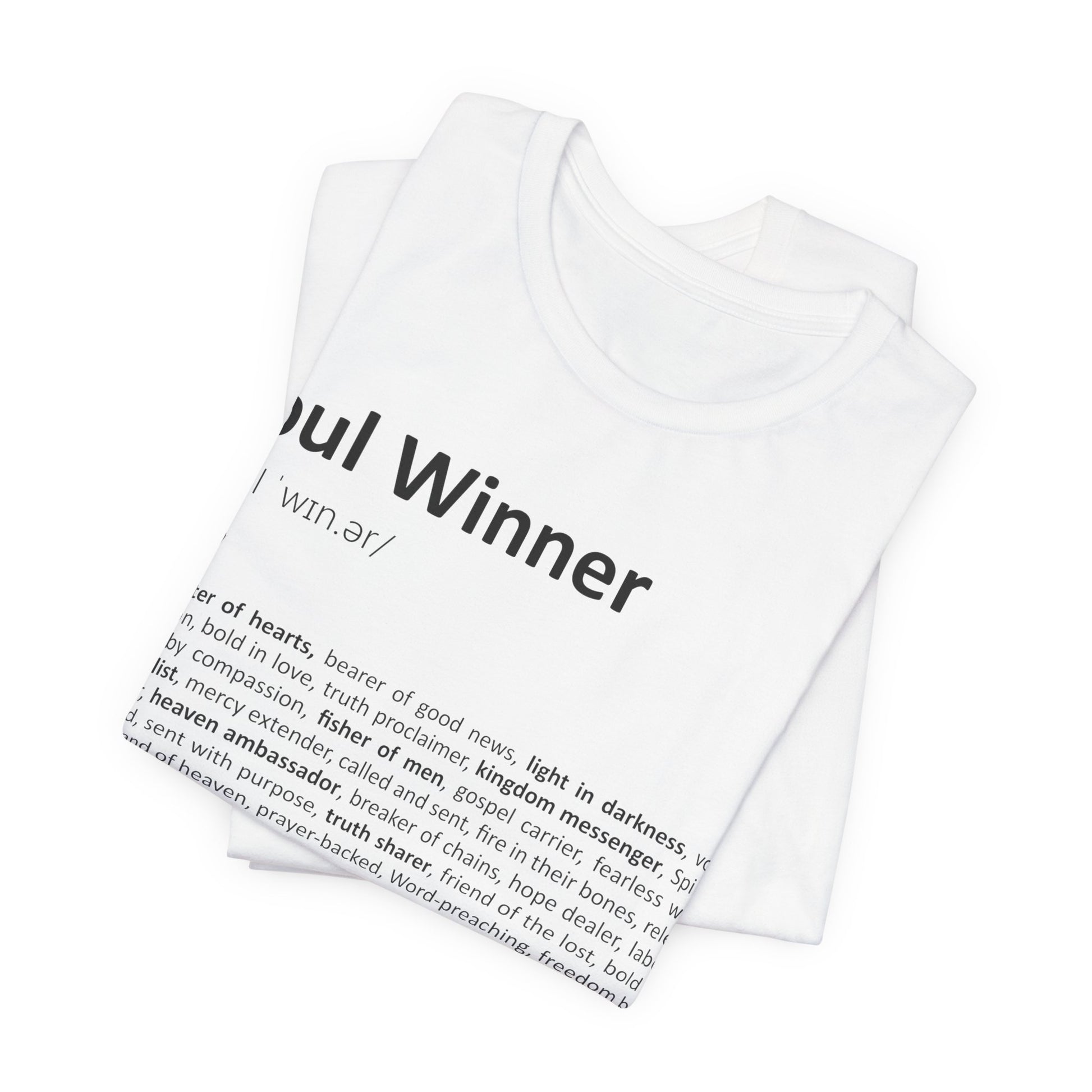 White t-shirt with text design on a white background
